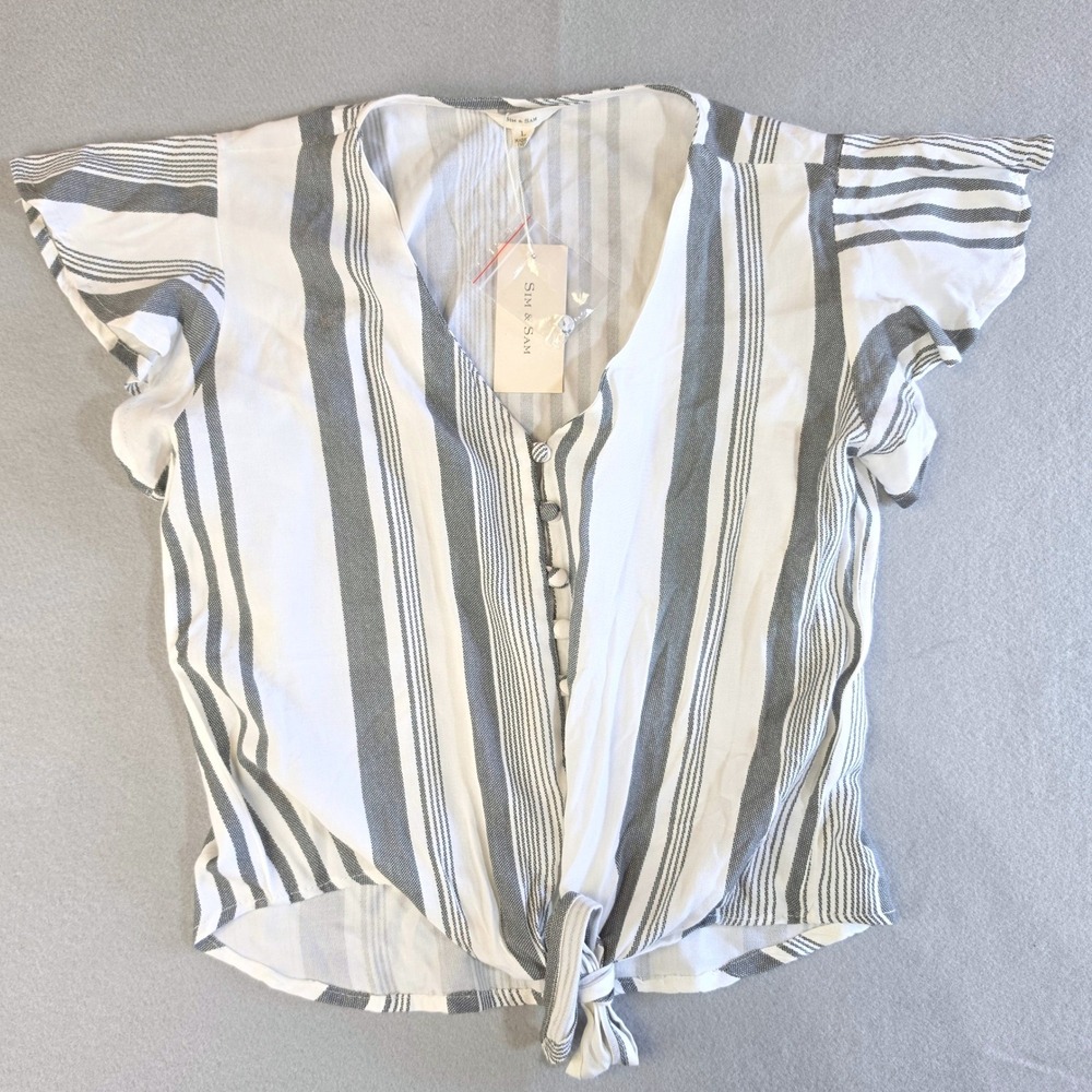 NWT Sim & Sam Coastal Boho Striped Tie Front Top L Nautical Resortwear Beachy